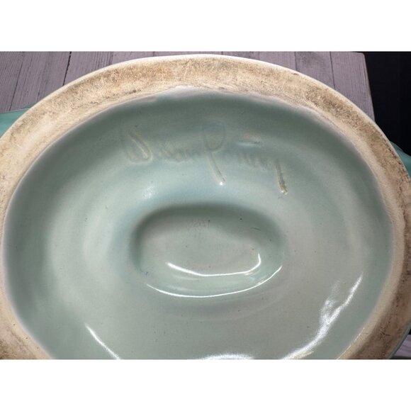Vtg Weller Pottery Turquoise Blue Footed Bowl Shell Scalloped Design 18" Long - Picture 4 of 16